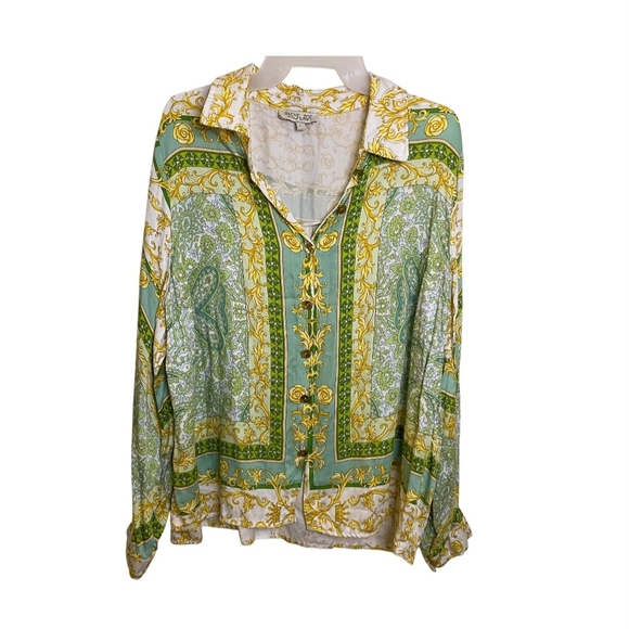 Rachel Zoe Tops - Rachel Zoe Paisley Print Blouse, Green and Gold Button Down Shirt